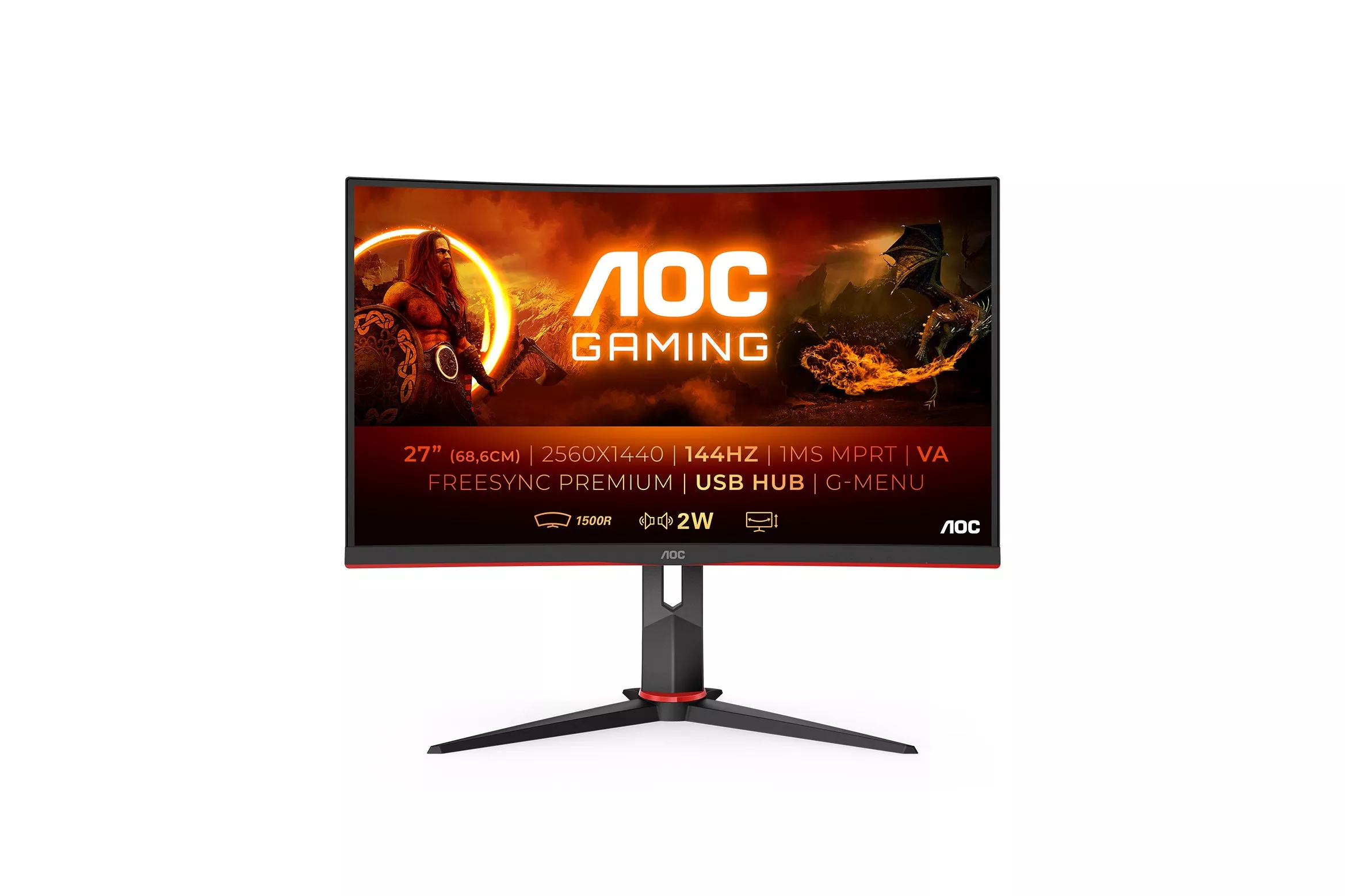 Aoc - Monitor PC curvo 27' (68,6 cm) AOC CQ27G2U/BK 144 Hz, QHD, FreeSync Premium (Reacondicionado grado A).
