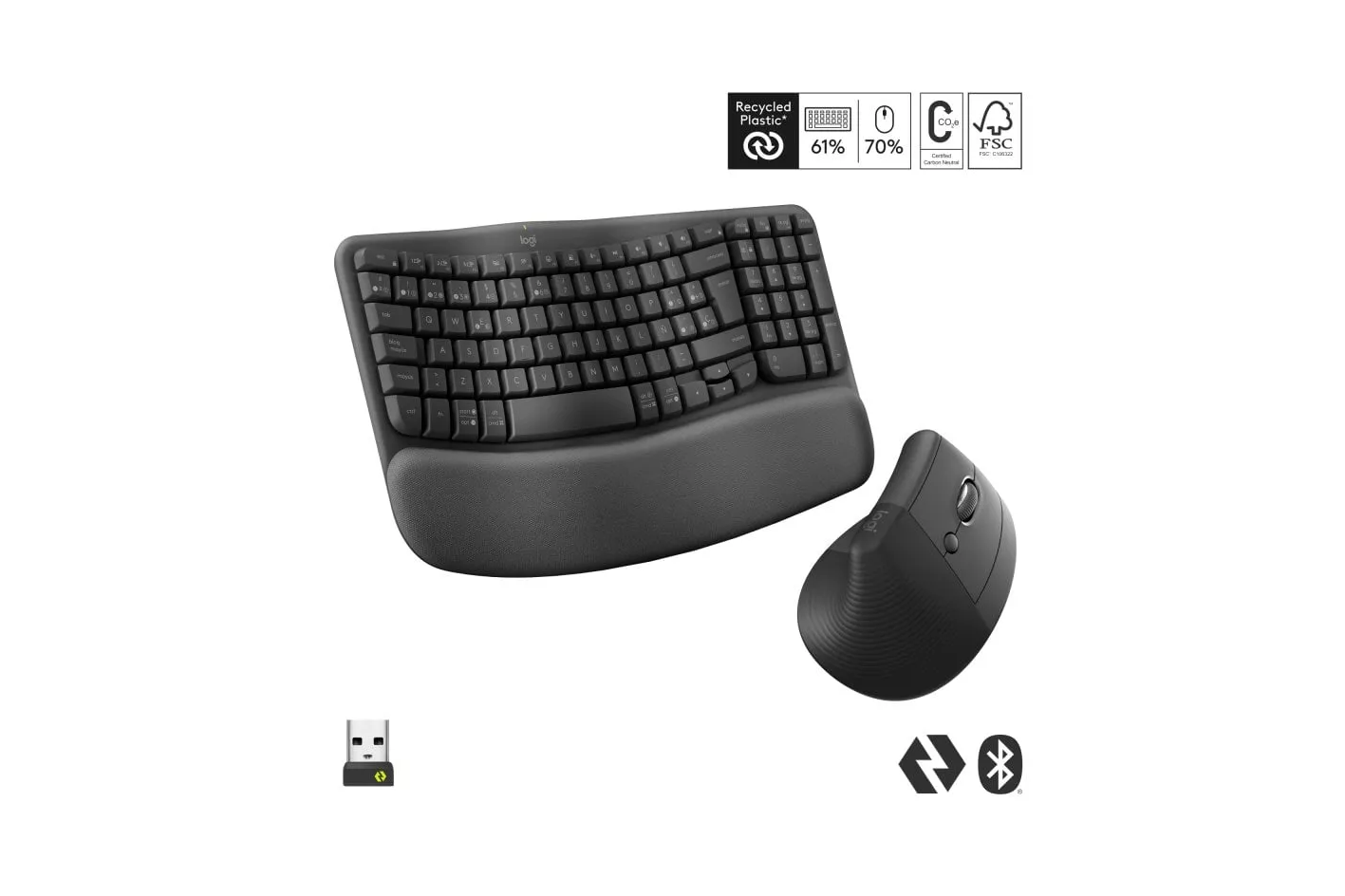 Logitech Pack Wave Keys Teclado Ergonómico Bluetooth + Logitech Lift Ratón Inalámbrico Vertical