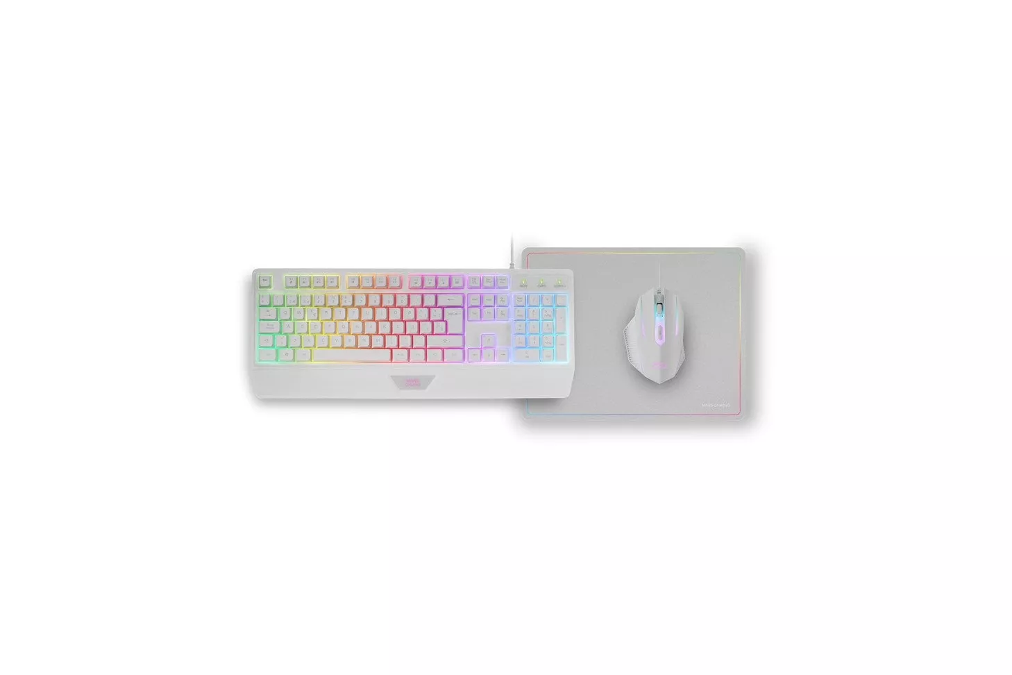 Mars Gaming MCP124 Combo 3 en1 Teclado LED RGB + Ratón RGB 3200 DPI + Alfombrilla, Español, Blanco