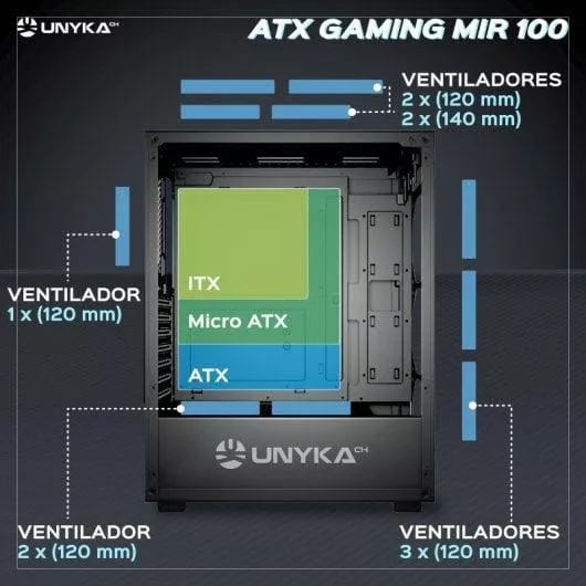 UNYkach Mir 100 Caja ATX Gaming Cristal Templado Lateral y 4 Ventiladores ARGB Negra