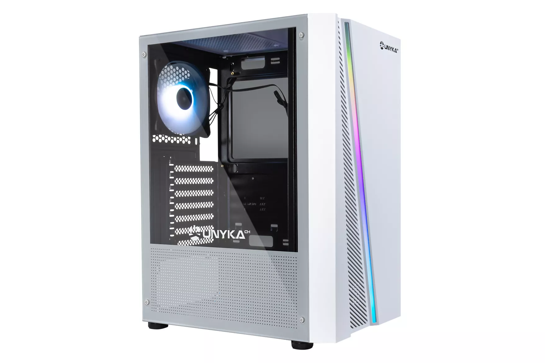 CAJA SEMITORRE ATX UNYKAch ATX GLAYZE WHITE FRONTAL y ARGB, LATERAL DE CRISTAL CAJA CARTON DETERIORADA CASH30