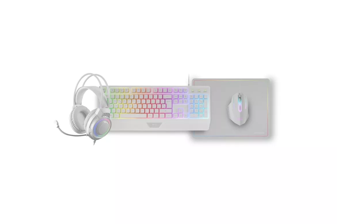 Mars Gaming MCP124PRO Combo RGB 4en1 Teclado H-Mech Ratón Auriculares Alfombrilla Español Blanco