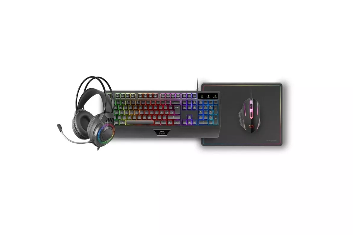 Mars Gaming MCP124PRO Combo RGB 4en1 Teclado H-Mech Ratón Auriculares Alfombrilla Español Negro