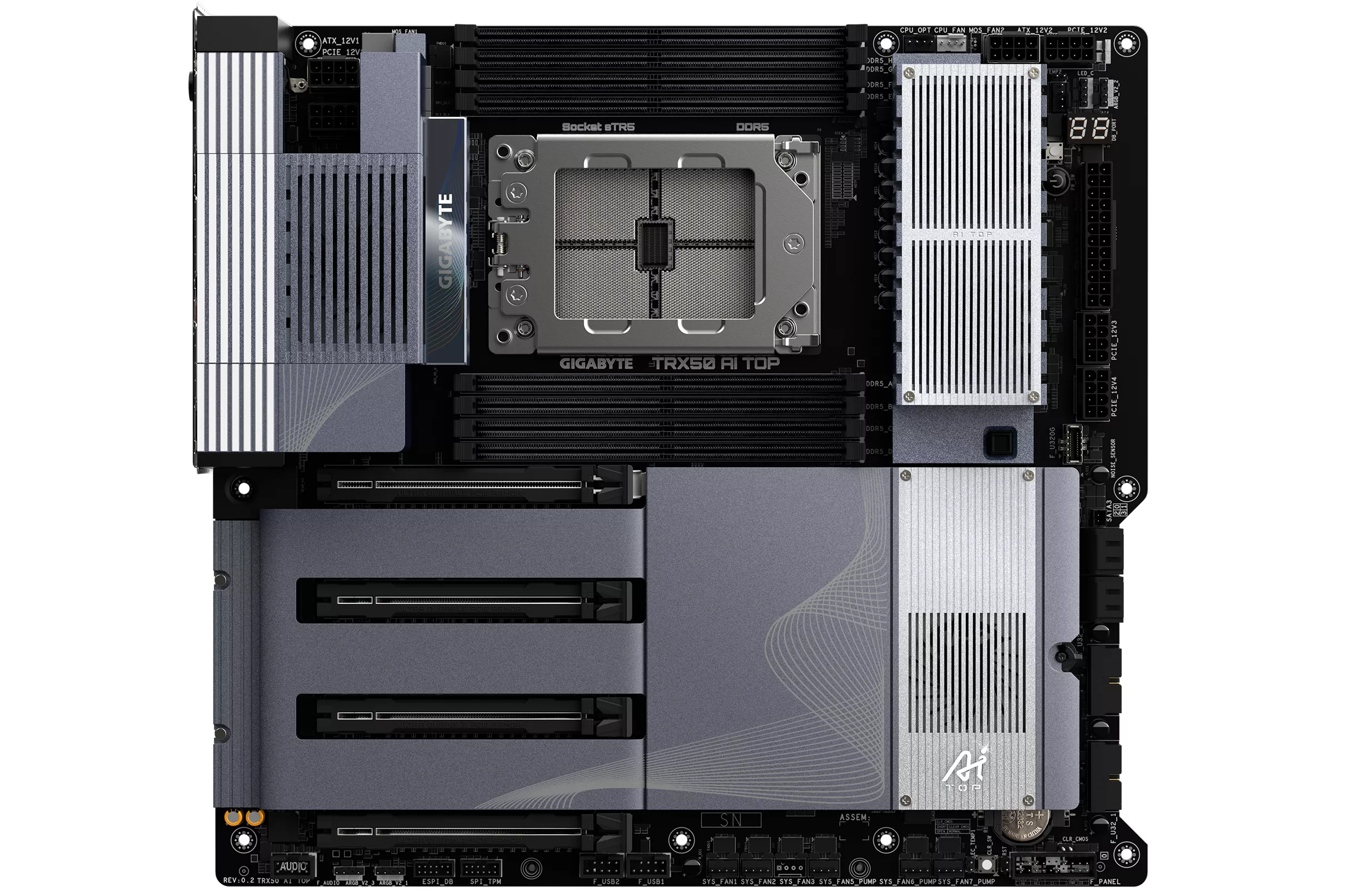 TRX50 AI TOP - Compatible con CPUs AMD Ryzen PRO 7000 VRM Digital de 16+8+4 Fases hasta 5200MHz DDR5 (OC) 4xPCIe 5.0 + 4xPCIe 4.0 M.2 Wi-Fi 7 LAN 10GbE USB 3.2 Gen 2x2
