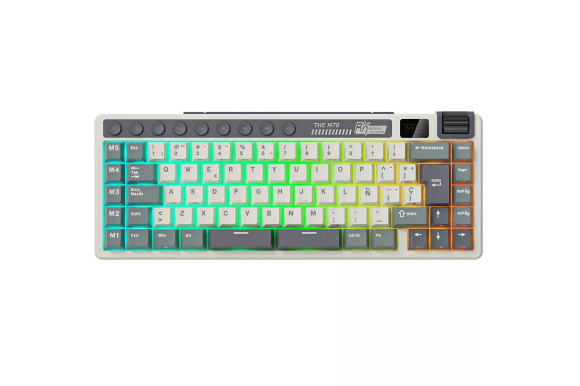 Teclado para Mac y Windows Royal Kludge RKM70 ISO-ES RGB Hot-Swappable Switch Cream Wireless Cyan Purple