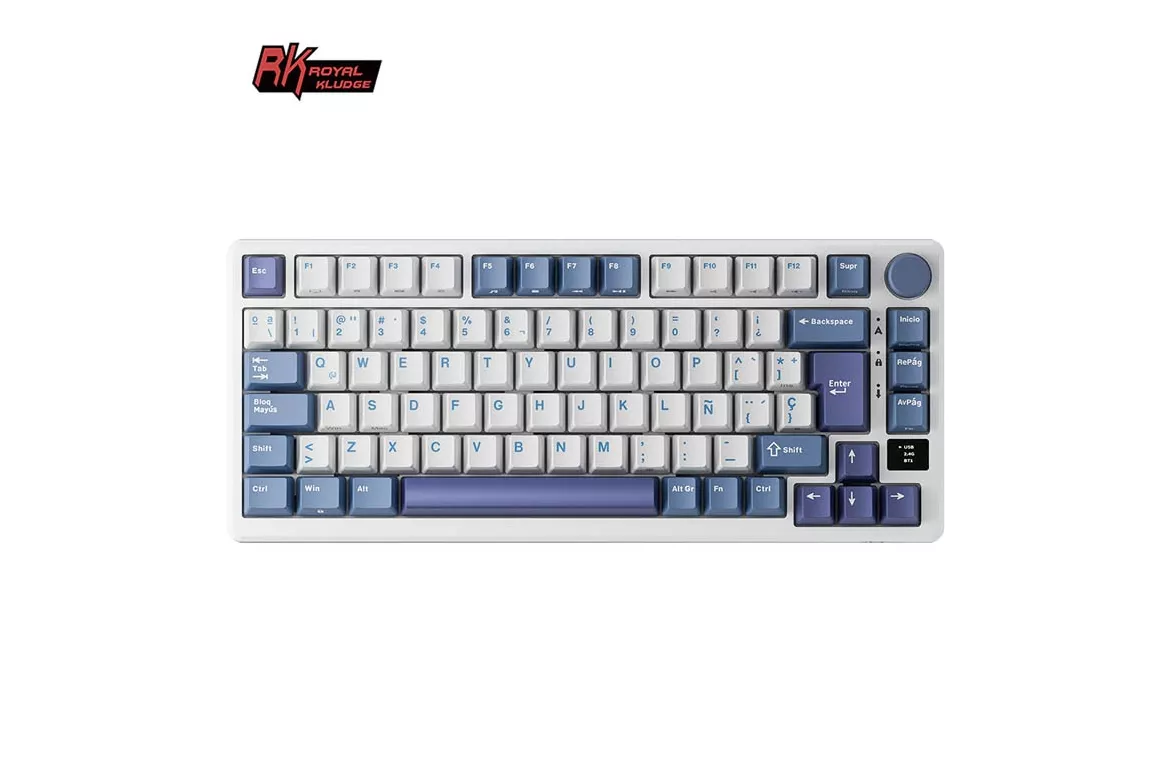 Teclado para Mac y Windows Royal Kludge RKM75 ISO-ES Hot-Swappable Switch Silver Speed Wireless Taro Milk