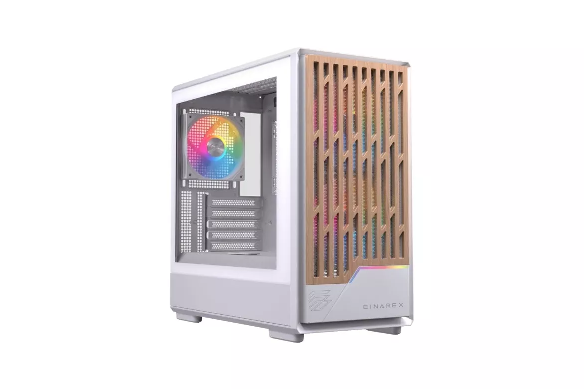 Torre PC Einarex PULSE PM400 RGB White compacta, madera, soporte 9 ventiladores, líquida 240mm
