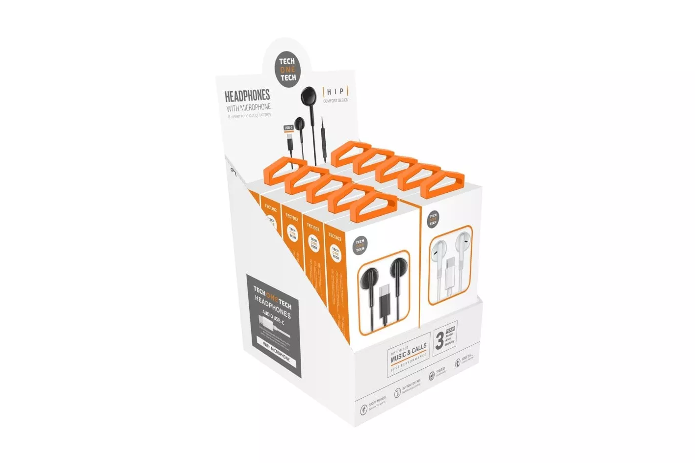 Auricular Tech One Tech EarTECH TEC1303 USB-C Pack 10u (5 Blanco + 5 Negro) Micrófono, Control Volumen, Expositor