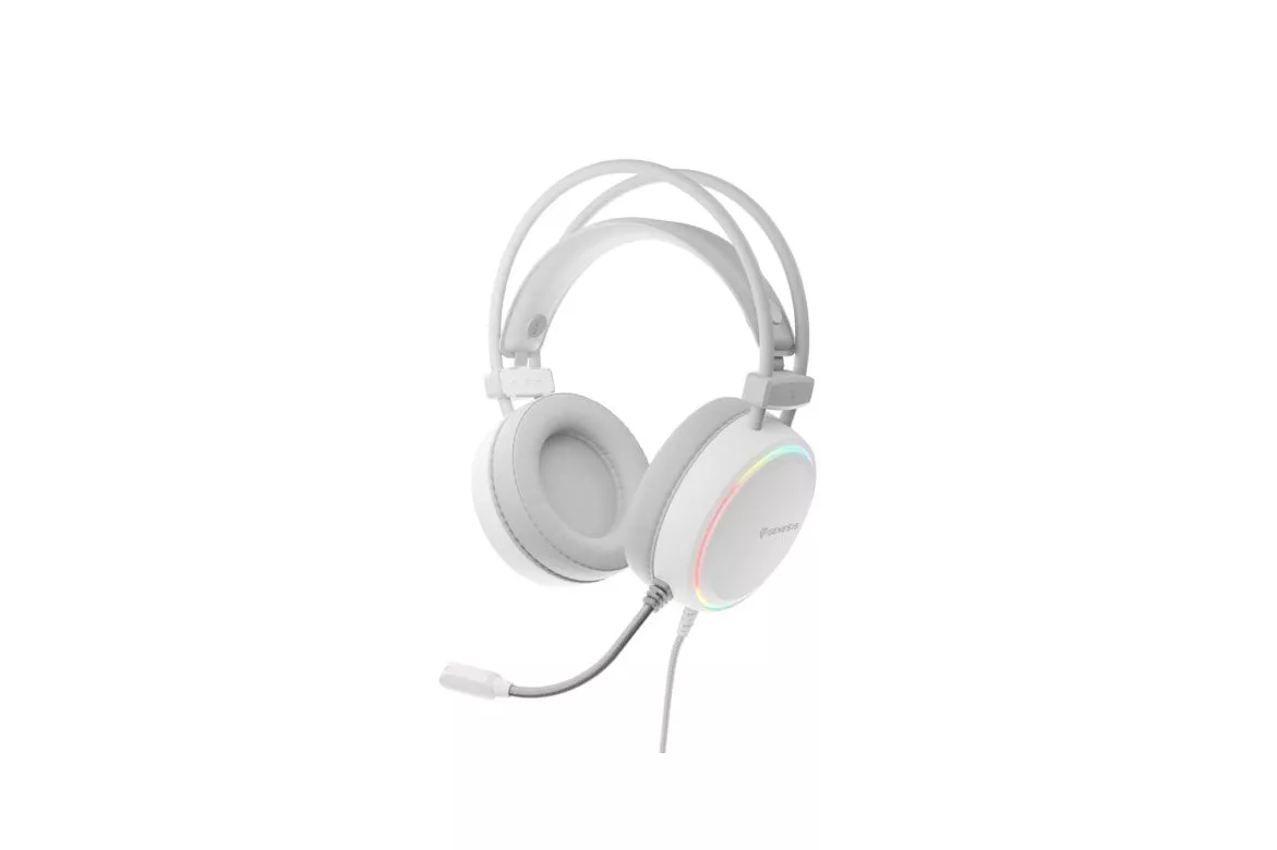 Auriculares Genesis con cable, micrófono, iluminación RGB y drivers 50mm en blanco