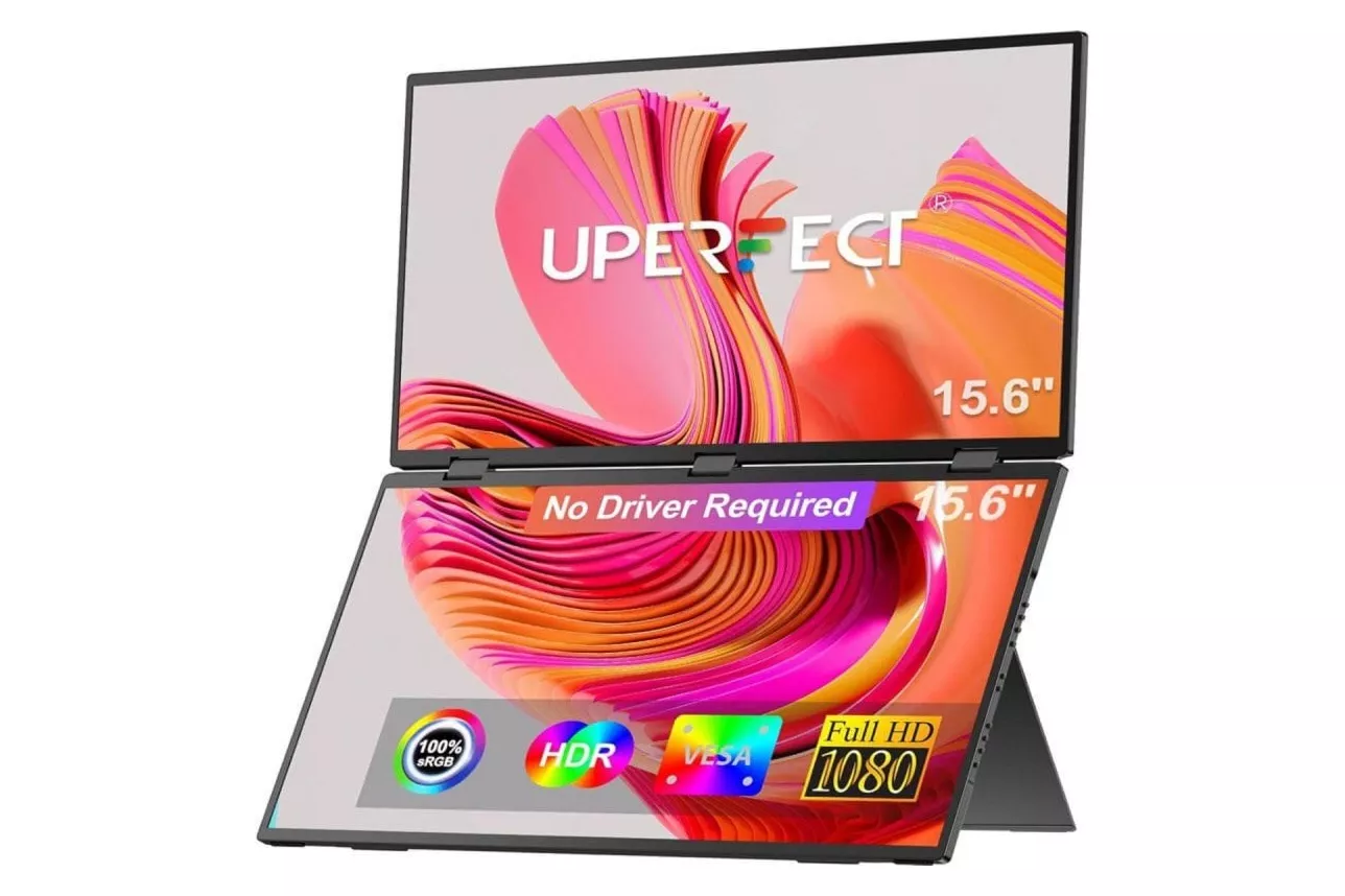 Monitor portátil UPERFECT Plegable Triple Pantalla, Rotación 360°, sRGB 100%, VESA, USB-C