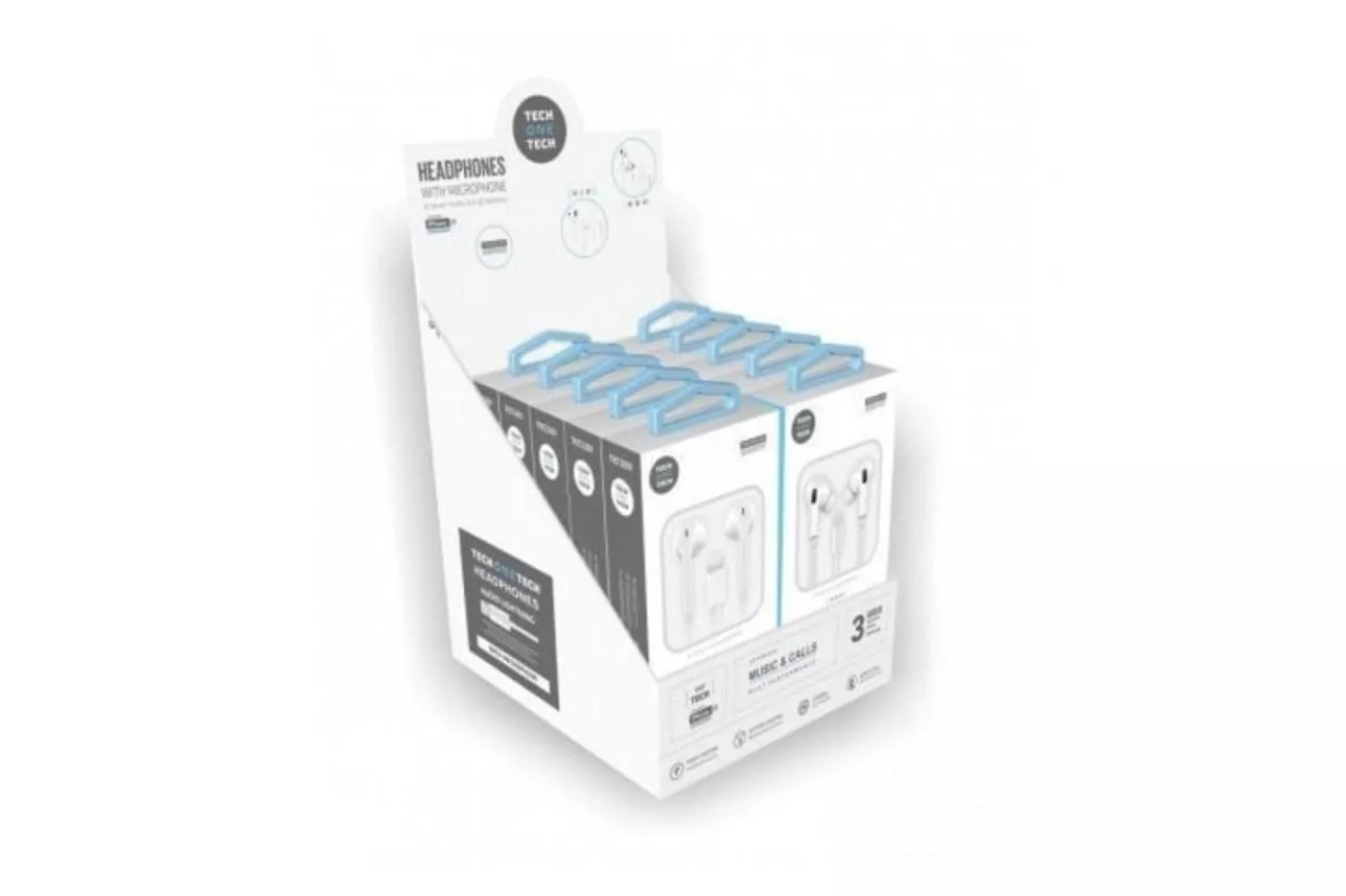 Auriculares Tech One Tech con cable Lightning, micrófono y pack expositor 10 unidades blanco