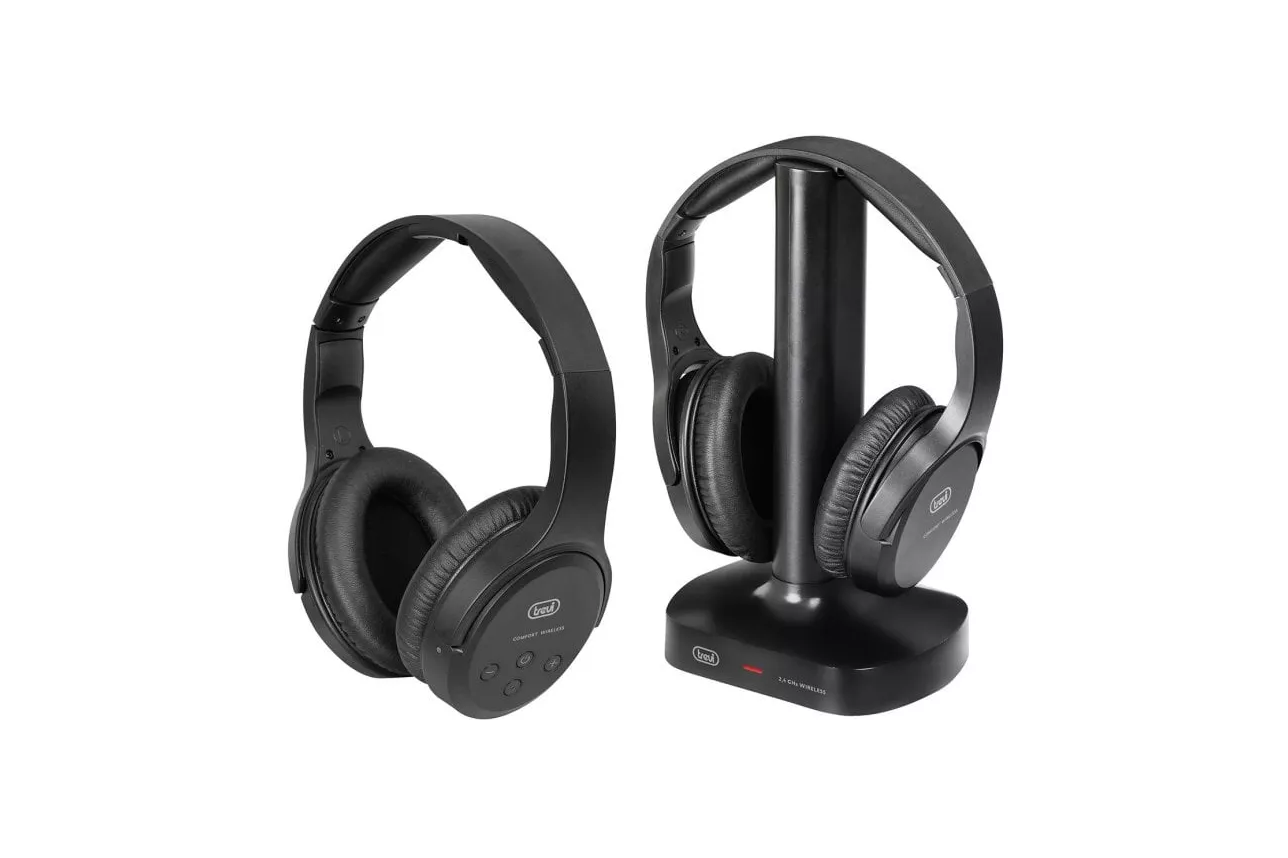 Auriculares Trevi inalámbricos y con cable para TV alcance 30m color negro