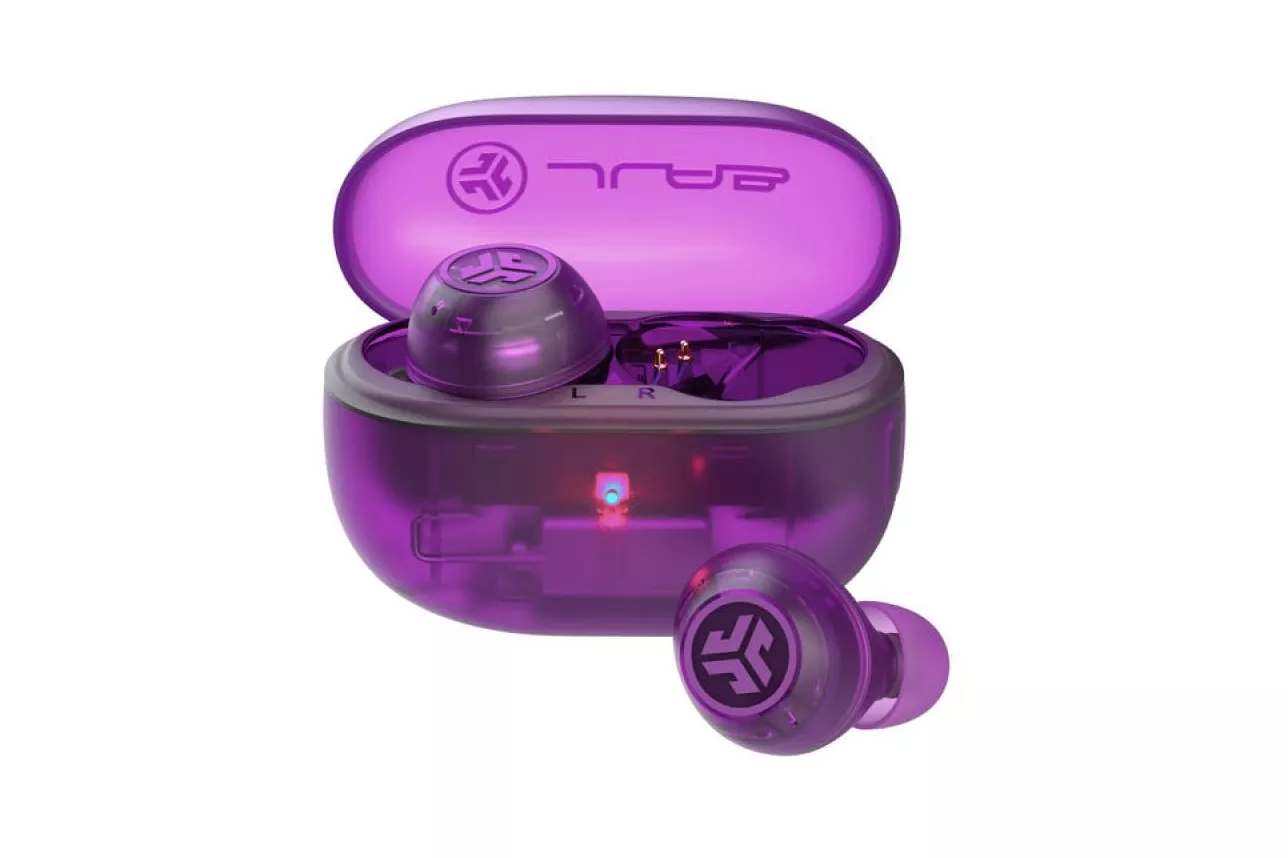 JLab Go Pop ANC Auriculares Bluetooth TWS con Cancelación Activa de Ruido Púrpura Transparente