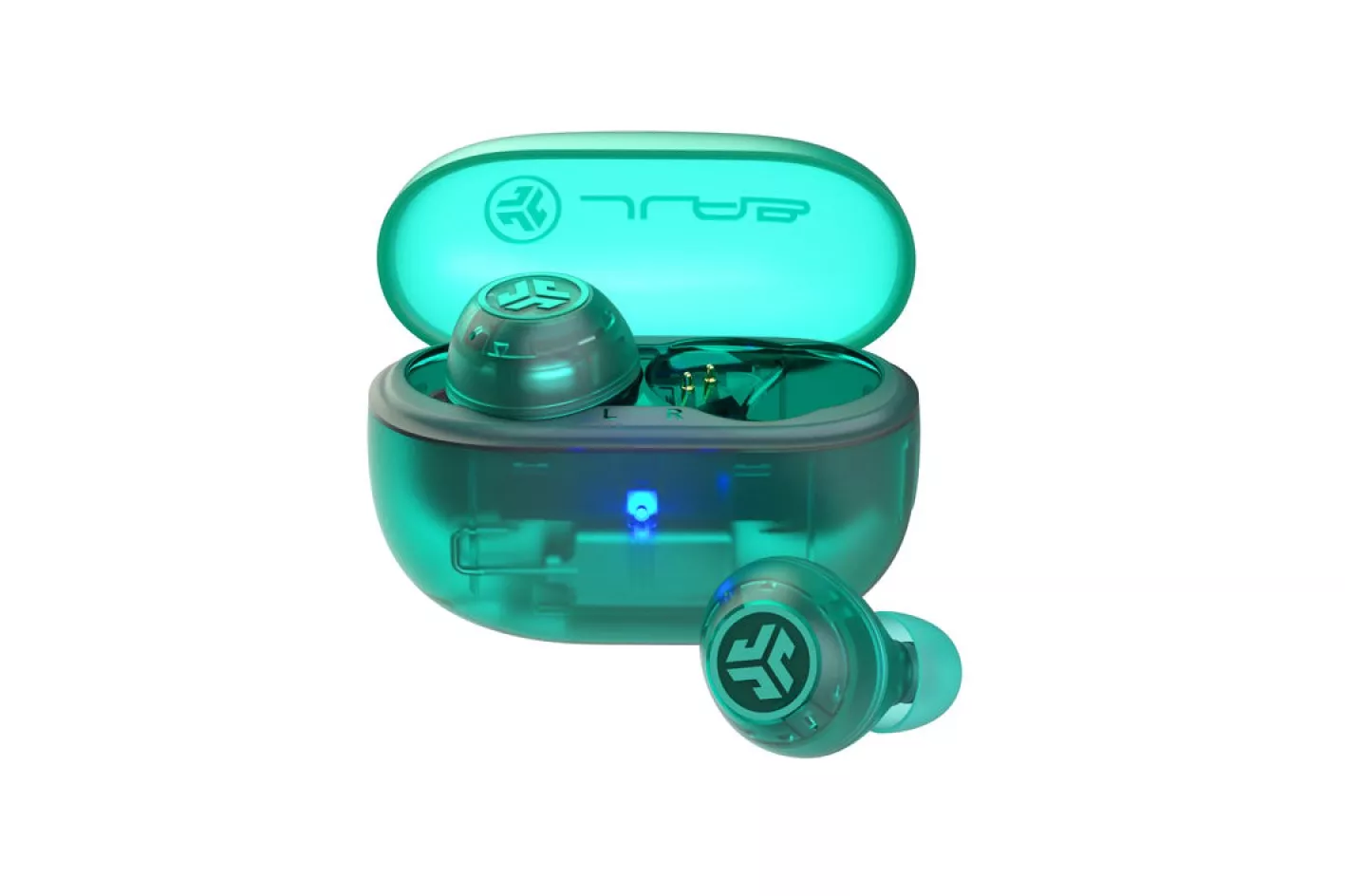 JLab Go Pop ANC Auriculares Bluetooth TWS con Cancelación Activa de Ruido Verde Azulado Transparente