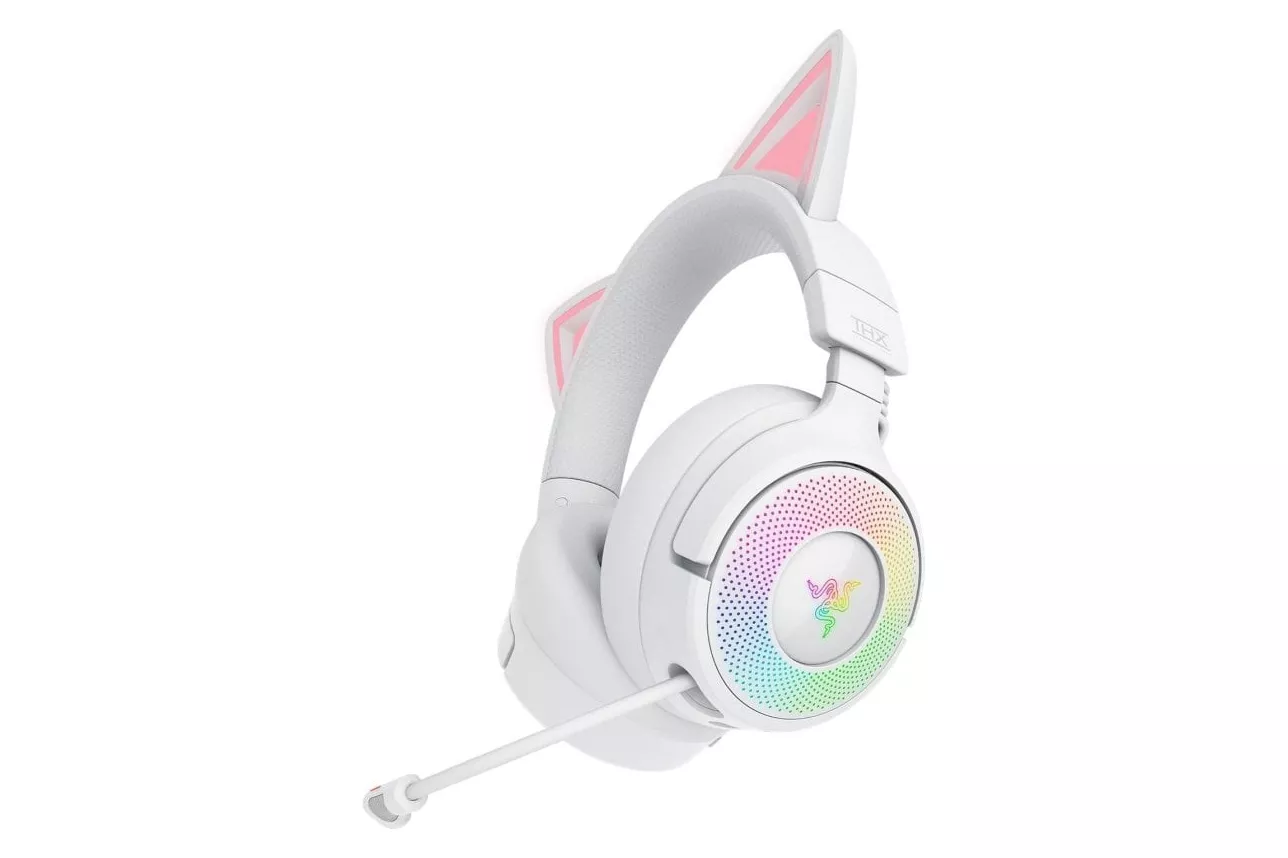 Auriculares Gaming Razer Kraken Kitty V3 Pro inalámbricos HyperSpeed RGB con micrófono y orejas de gato blancos