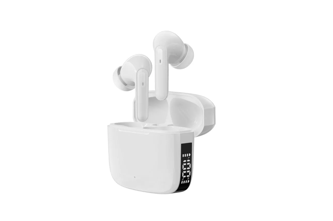 Auriculares Denver TWE-61 inalámbricos Bluetooth con Cancelación de Ruido Pasiva, Micrófono y estuche de carga, blancos