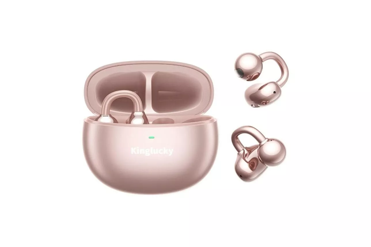 Auriculares Kinglucky Clip On inalámbricos Bluetooth 5.4 con Cancelación de Ruido, Micrófono y resistencia IPX4 Rosa