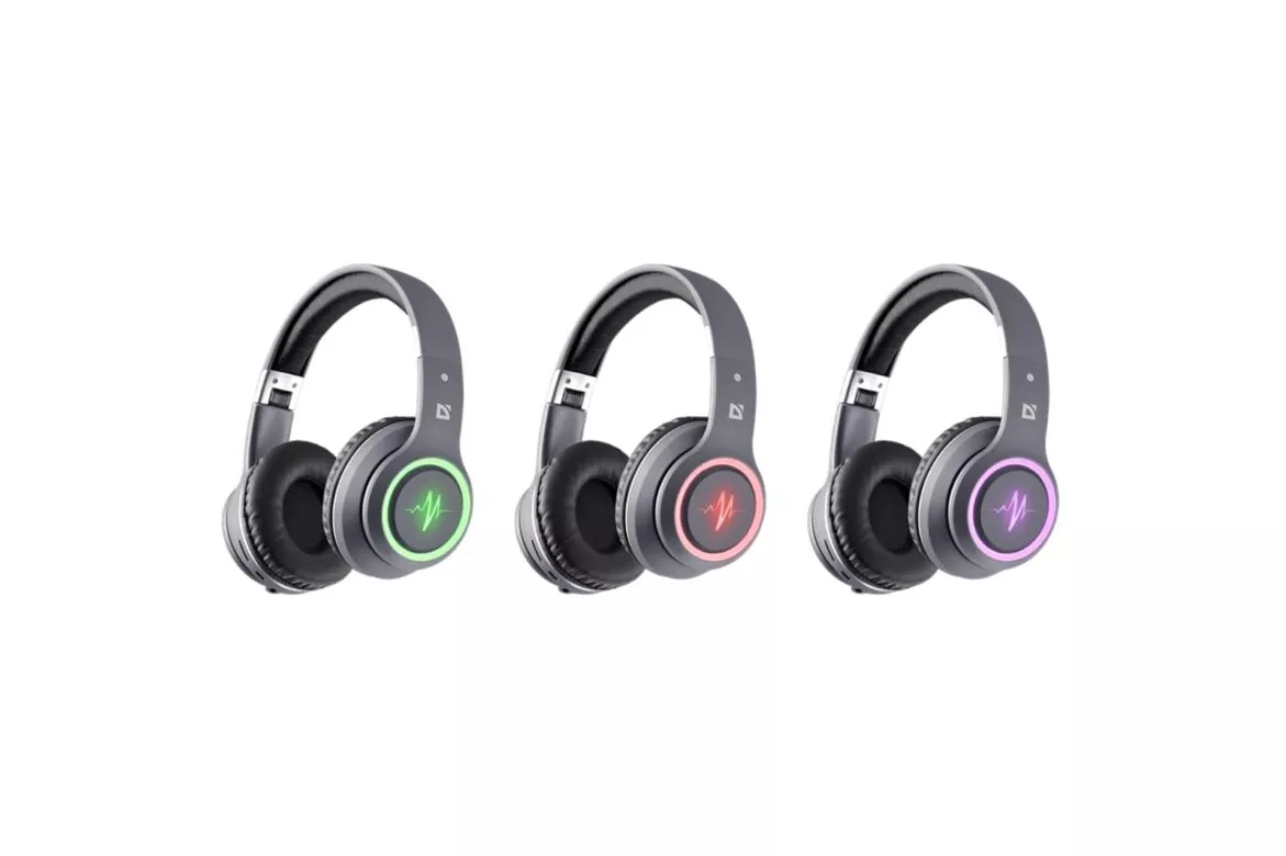 Auriculares Defender FREEMOTION B571 LED inalámbricos y cableados Bluetooth con reducción de ruido pasiva, micrófono y reproductor microSD, gris
