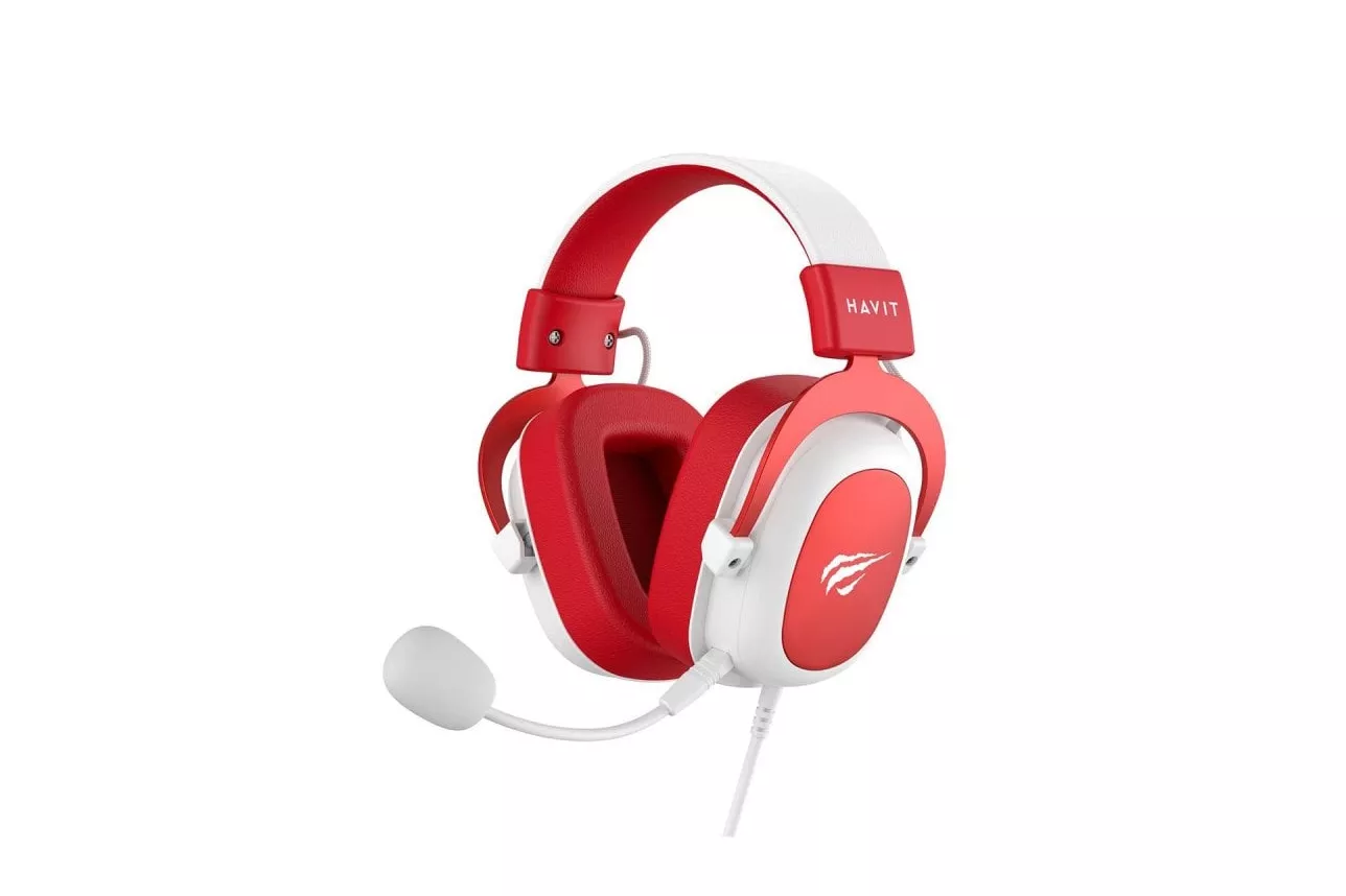 Auriculares Havit 6950676214147 con cable, conectividad jack 3,5 mm, Gaming, micrófono Boom, rojo/blanco
