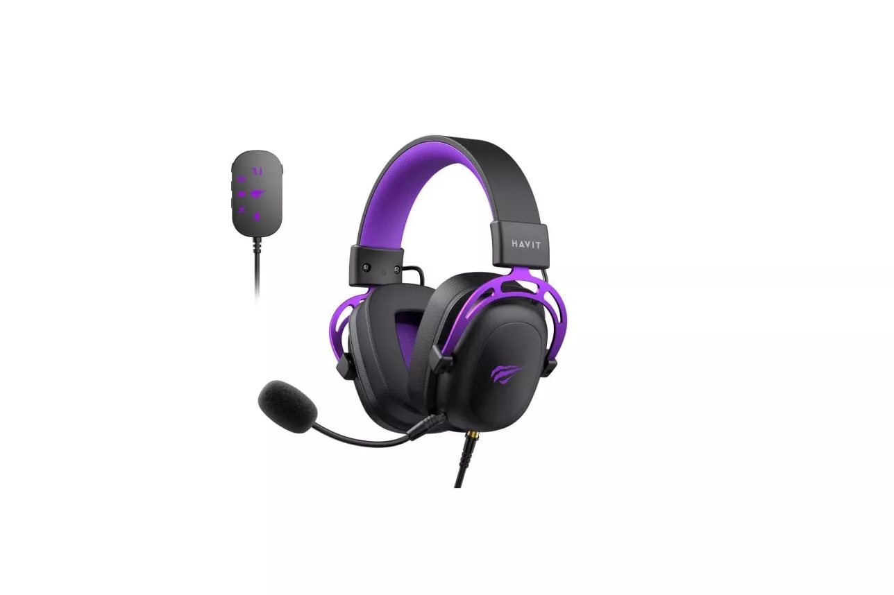Auriculares Havit H2002C+U con cable Jack 3,5 mm para gaming y micrófono extraíble, negro/violeta