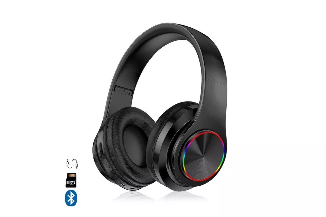 Auriculares Dam Electronics B39uv inalámbricos Bluetooth 5.0 con luces RGB y lector Micro SD negros