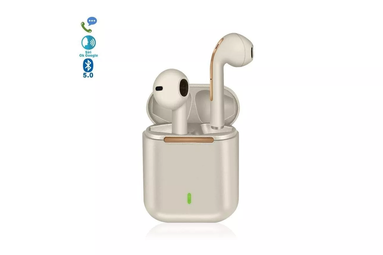 Auriculares Dam Electronics J18 inalámbricos Bluetooth 5.0 con controles táctiles y micrófono con cancelación de ruido, base de carga 300 mAh, blancos