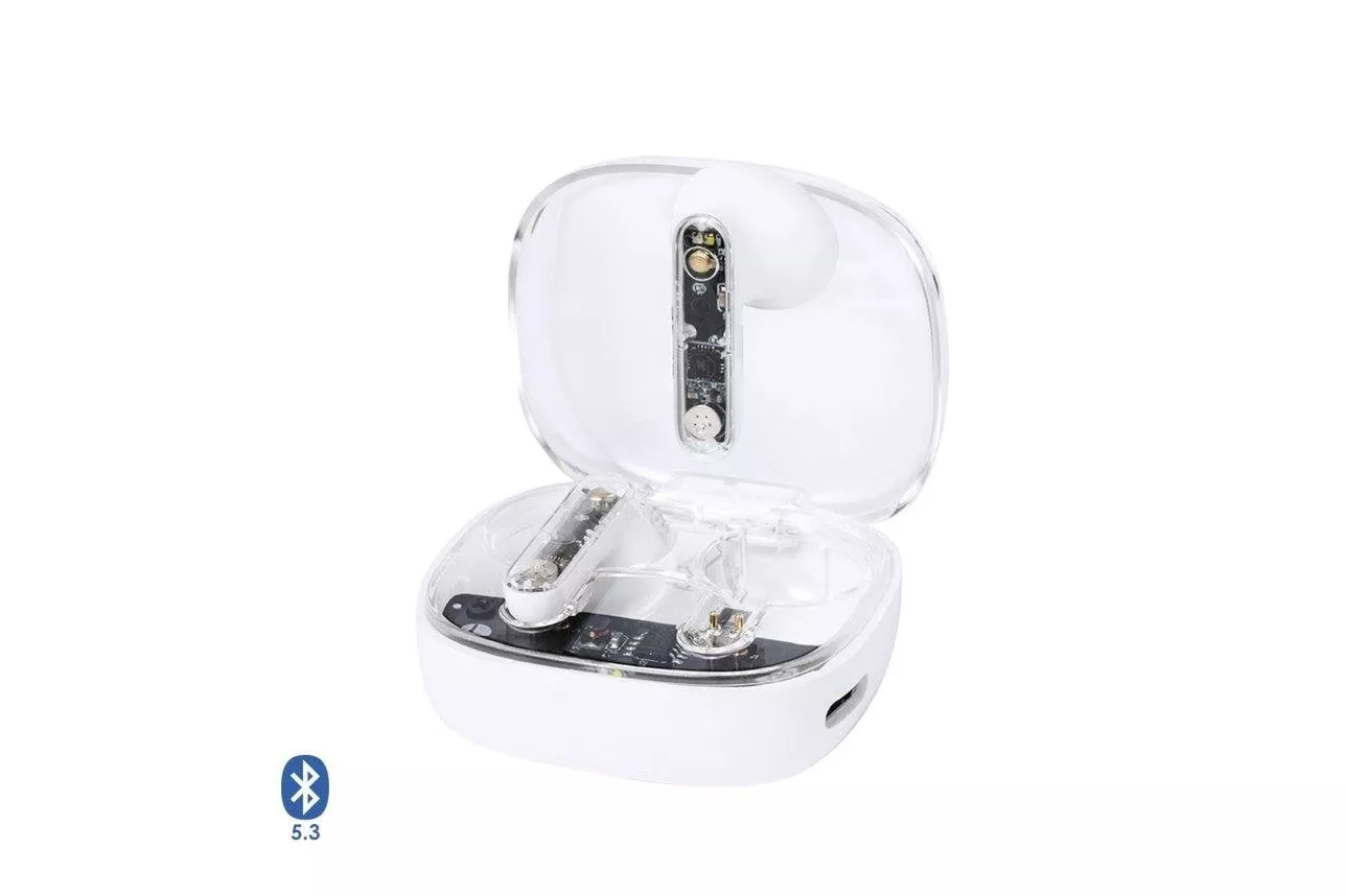 Auriculares Dam Electronics Webex inalámbricos Bluetooth 5.3 con base de carga Tipo C y manos libres, diseño transparente