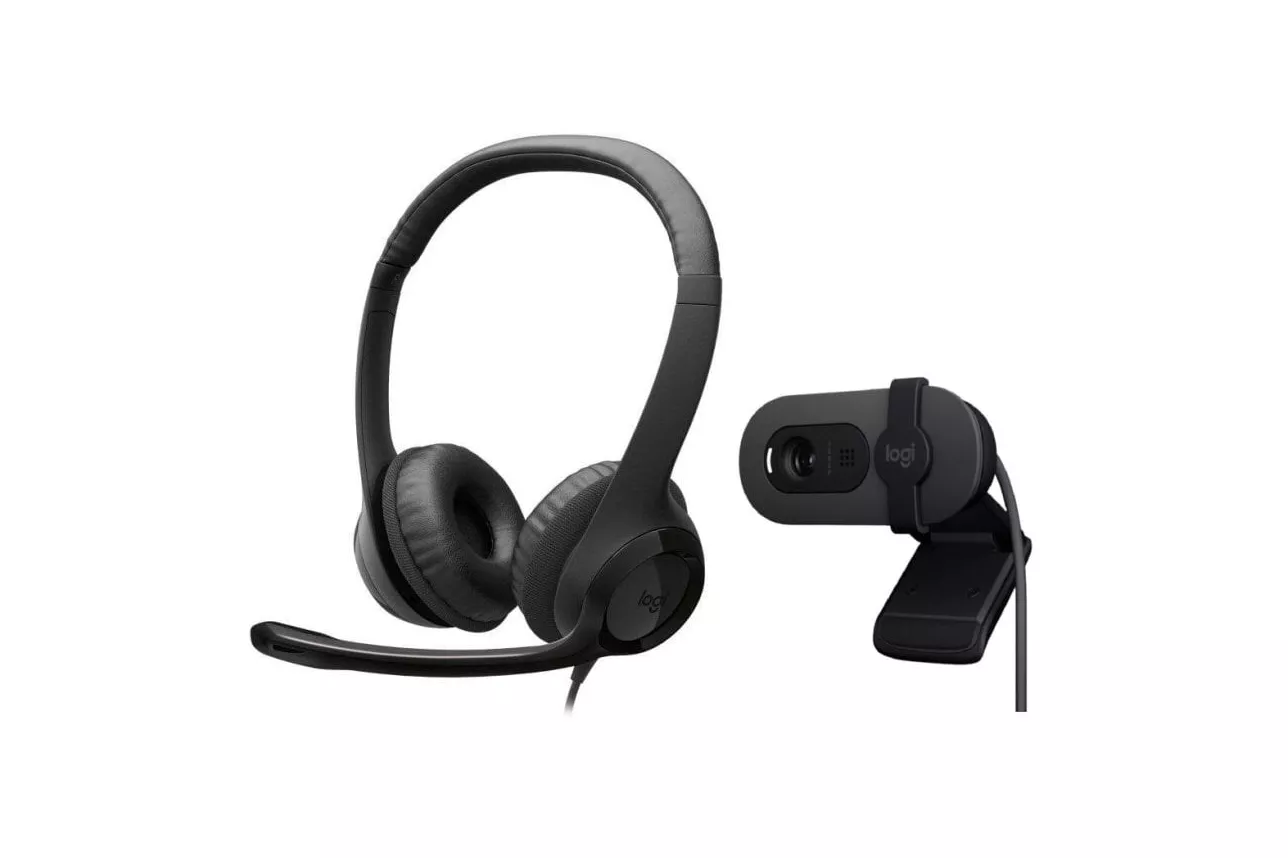 Logitech H390 Auriculares Estéreo con Micrófono con Supresión de Ruido USB-C + Brio 100 Webcam FullHD