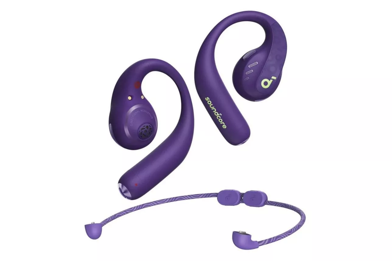 Auriculares Soundcore AeroFit Pro inalámbricos Bluetooth con Cancelación de Ruido, micrófono y control por voz, púrpura