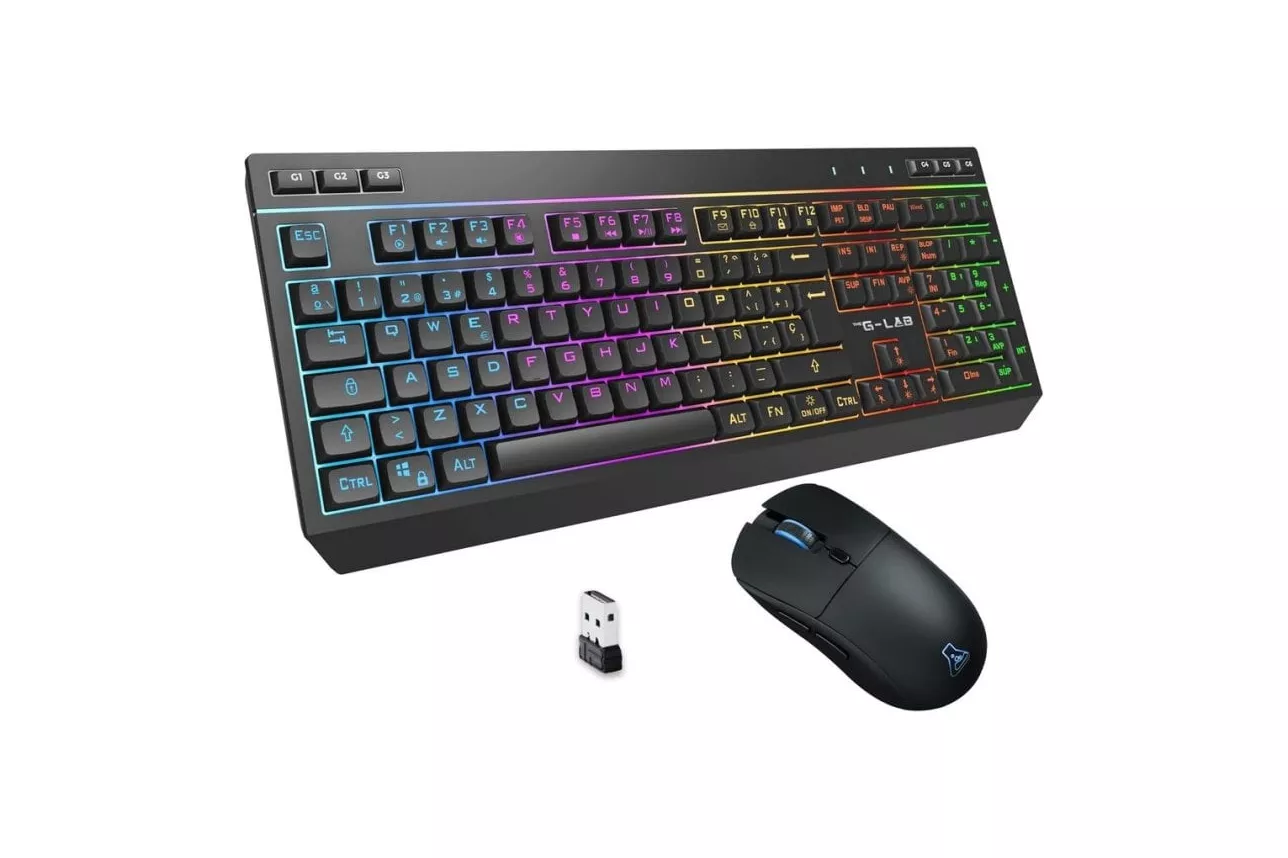 Teclado The G-Lab Combo Tungsten EX de membrana Layout Español triple conexión con retroiluminación RGB y ratón 6400 dpi