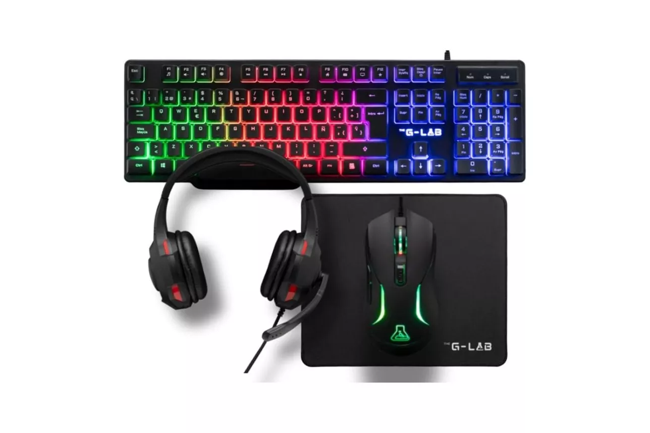 Pack gaming The G-Lab Combo Sulfur QWERTY de membrana español con ratón, auriculares y alfombrilla RGB