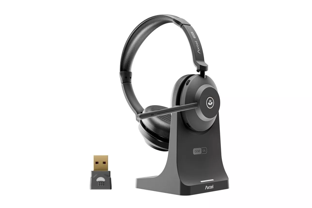 Auriculares Axtel AXH-ONEBTD-CB inalámbricos Bluetooth para oficina con Cancelación de Ruido, Micrófono y carga USB-C, color negro