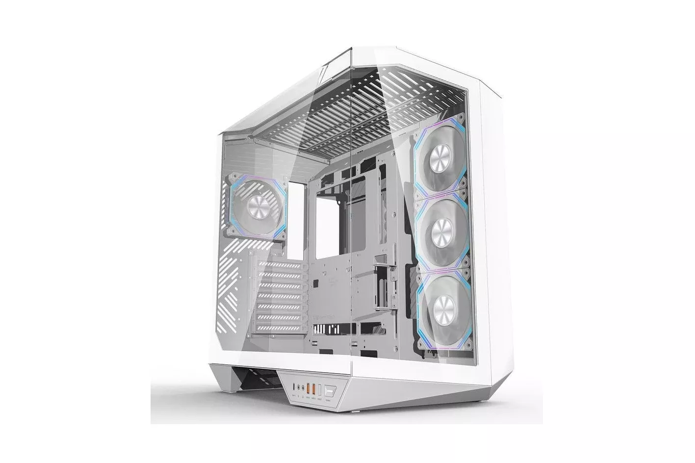 Torre gaming Darkflash DY470 blanca panorámica con 4 ventiladores ARGB