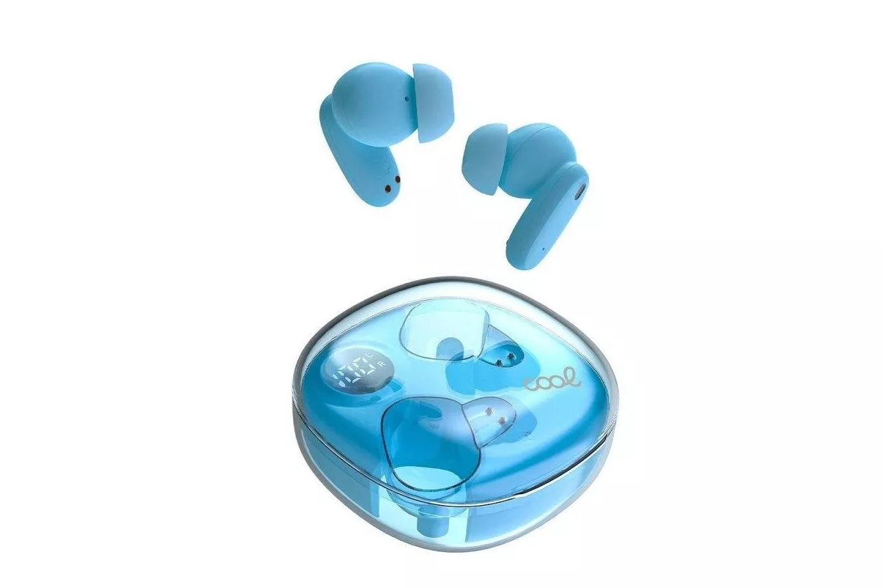 Auriculares Cool Fun inalámbricos Bluetooth Hi-Fi con pantalla LED, control táctil y estuche de carga celeste