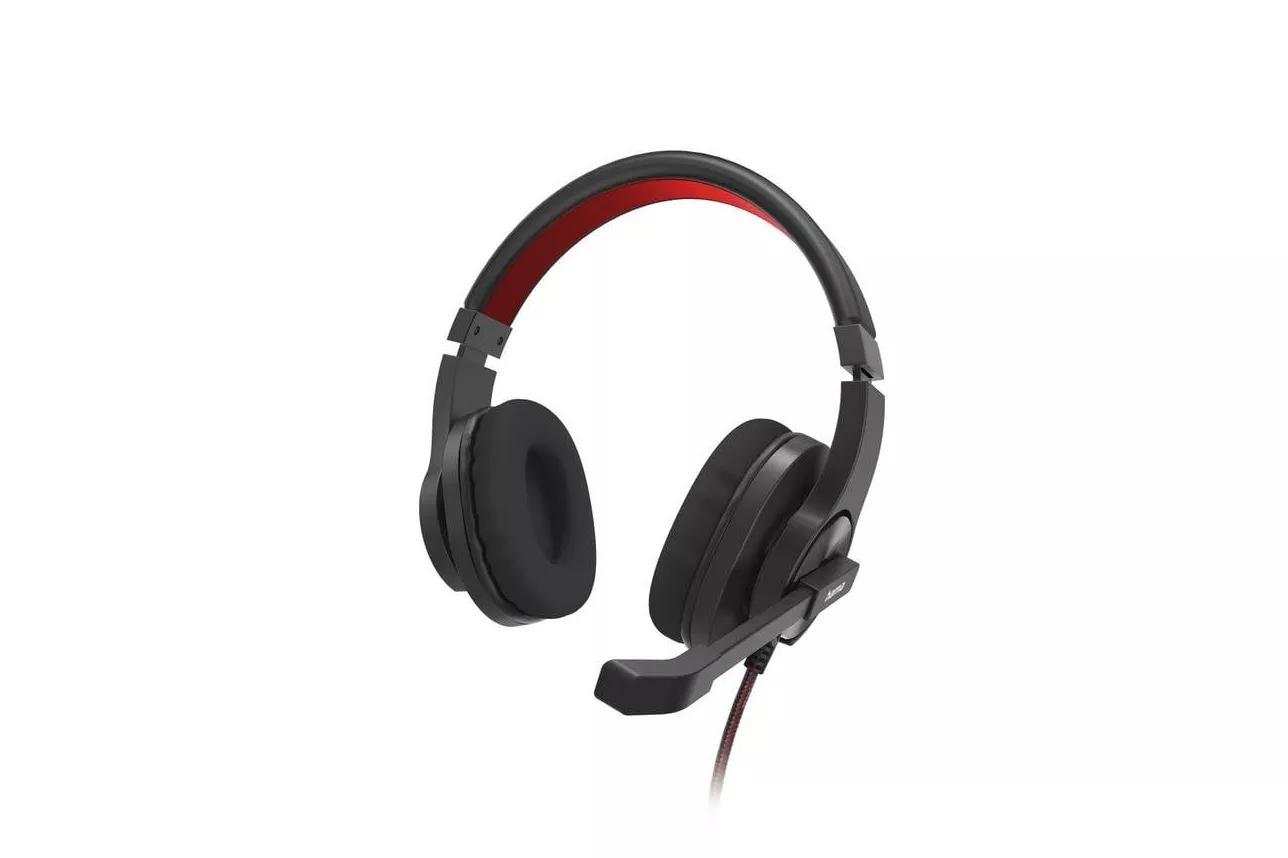 Auriculares Hama HS-USB400 V2 con cable USB-A para oficina y call center, micrófono flexible y control de volumen, negro y rojo