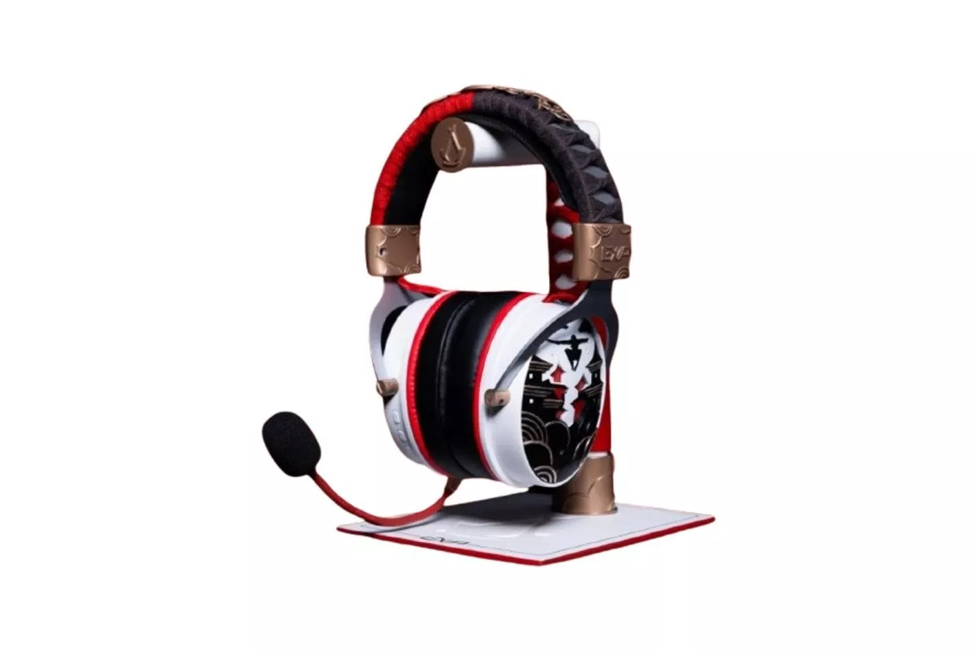 Auriculares Lexip Assassin's Creed Shadows inal&aacute;mbricos y cable Bluetooth Gaming micr&oacute;fono extra&iacute;ble LED rojo negros, dorados, rojos y blancos