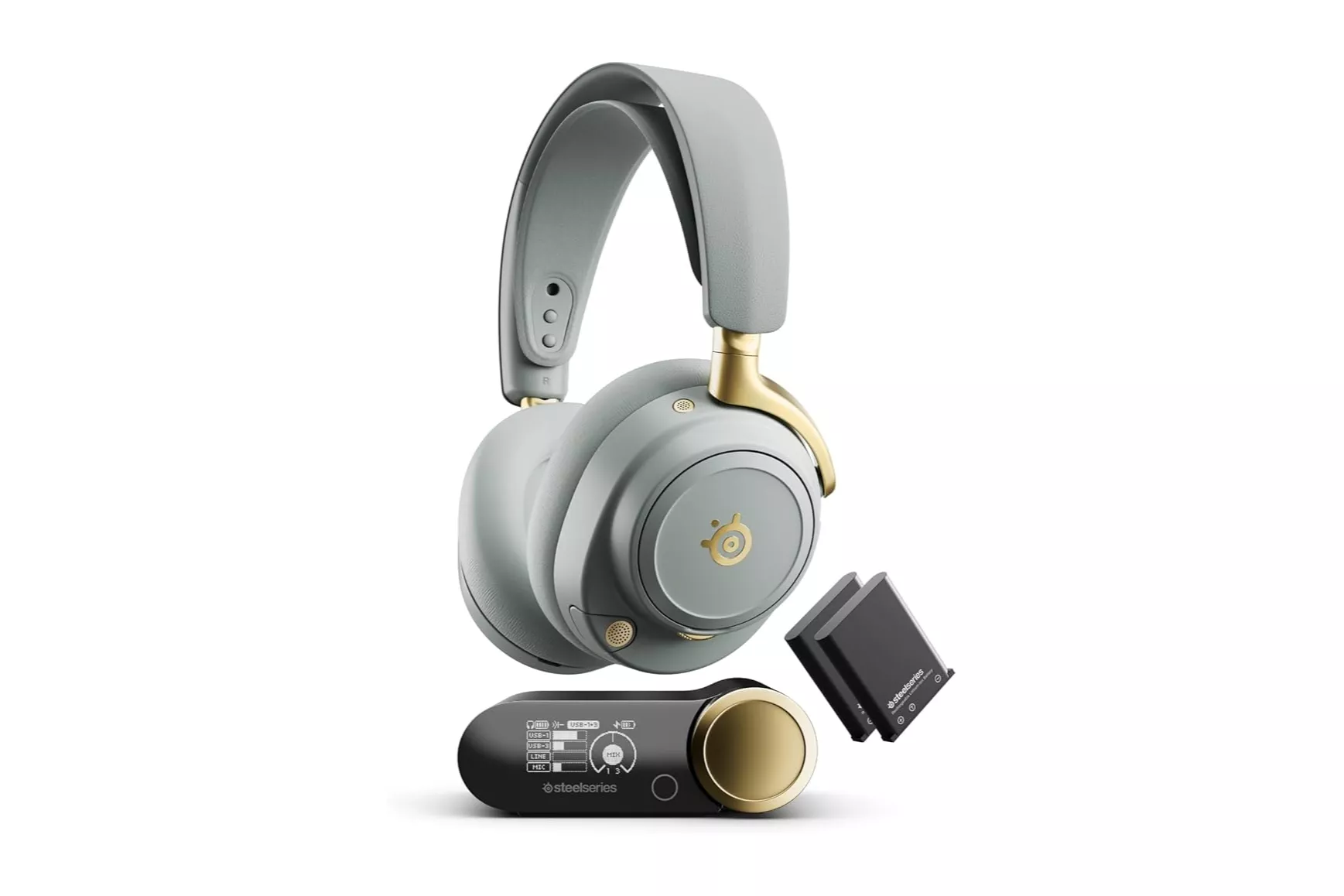 Auriculares Steelseries Arctis Nova Elite inal&aacute;mbricos Bluetooth para gaming con micr&oacute;fono y sonido envolvente, color verde y dorado