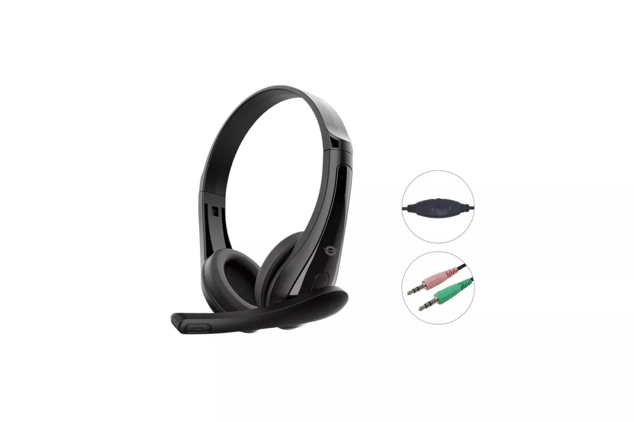 Auriculares Conceptronic POLONA06B3T con cable, doble jack 3,5 mm, micr&oacute;fono con cancelaci&oacute;n de ruido, control de volumen, uso oficina y llamadas, color negro