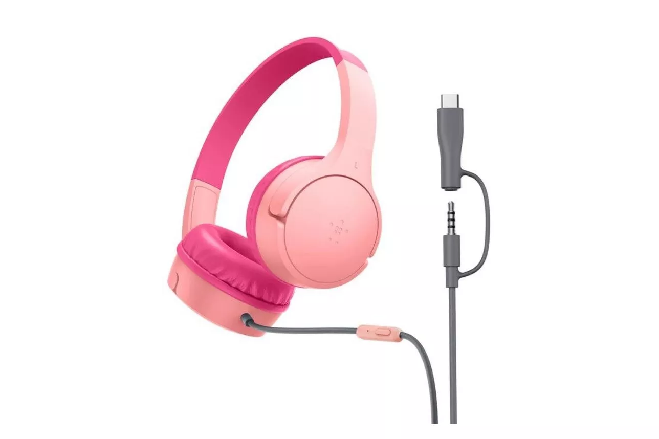 Auriculares Belkin SoundForm Mini con cable USB-C y jack 3,5 mm para llamadas y m&uacute;sica, resistentes a ca&iacute;das y agua, color rosa