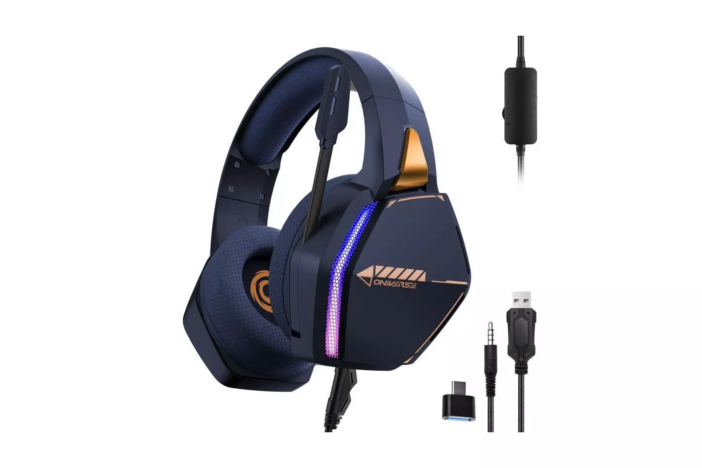 Auriculares Oniverse Nebula con cable, control en l&iacute;nea, gaming, LED y micr&oacute;fono azul