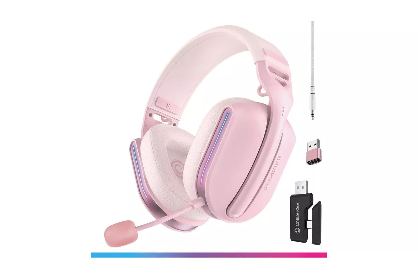 Auriculares Oniverse Polaris inal&aacute;mbricos y con cable Bluetooth y USB-C para gaming con sonido surround 7.1, micr&oacute;fono extra&iacute;ble y baja latencia, color rosa