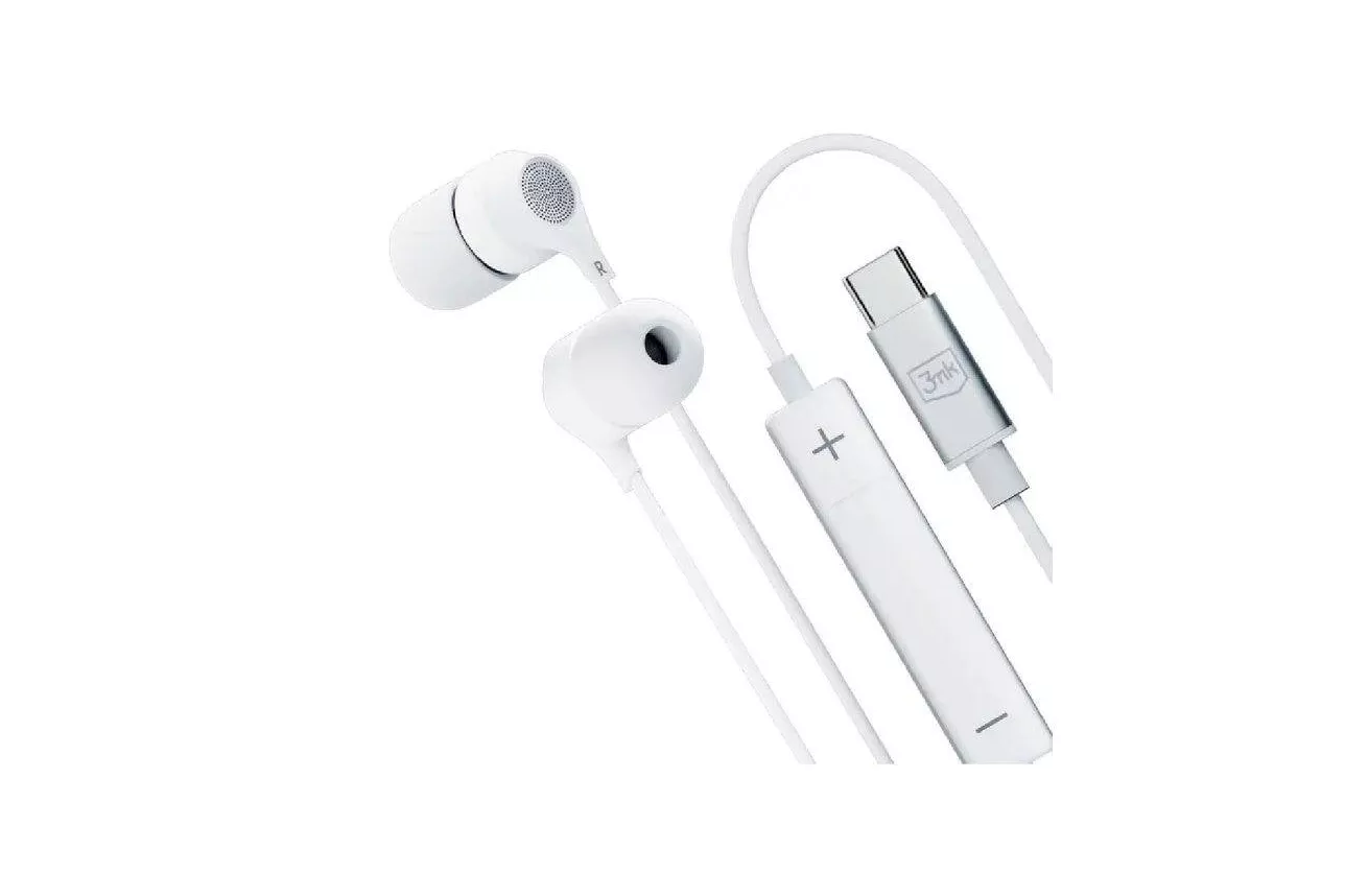 Auriculares 3MK Wired USB-C con micr&oacute;fono, control de volumen y resistencia al sudor, blancos
