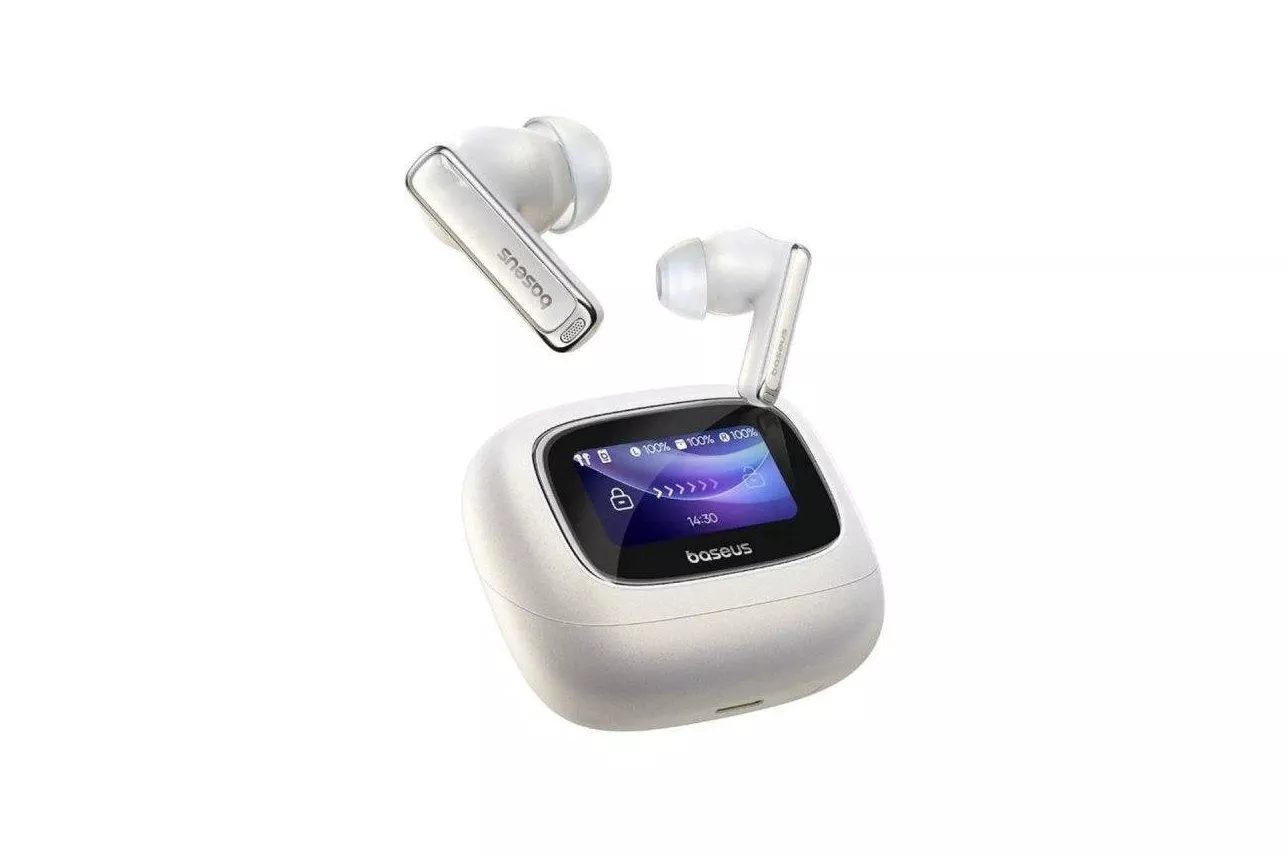 Auriculares Baseus Bowie M2s Ultra inal&aacute;mbricos Bluetooth con Cancelaci&oacute;n de Ruido, pantalla t&aacute;ctil LCD y audio Hi-Fi, blancos