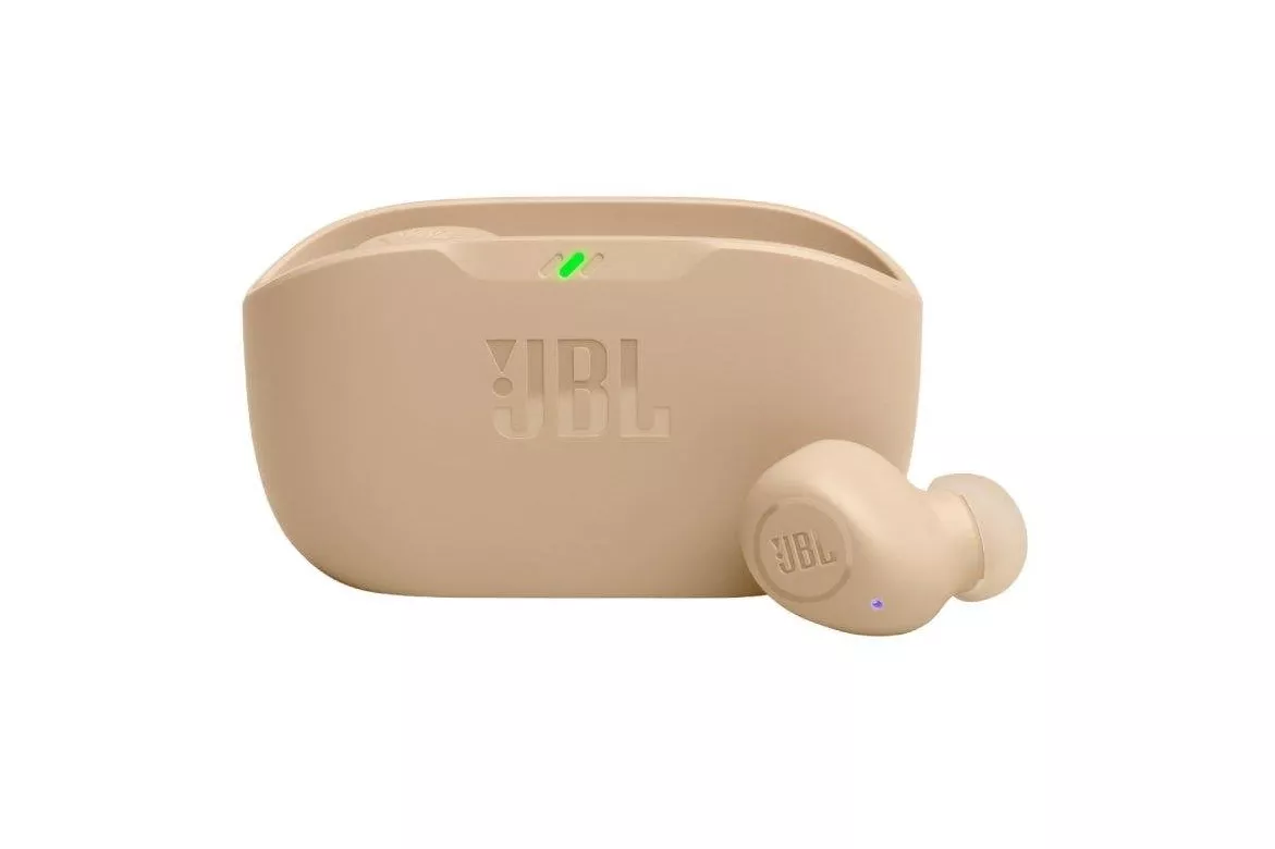 Auriculares JBL Wave Buds inal&aacute;mbricos Bluetooth con sonido Deep Bass, carga r&aacute;pida y protecci&oacute;n IP54, color beige