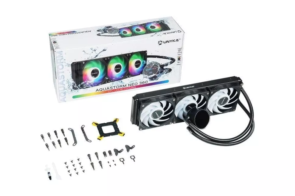 Refrigeraci&oacute;n L&iacute;quida UNYKAch AquaStorm Neo 360 393mm 3 Ventiladores ARGB Display