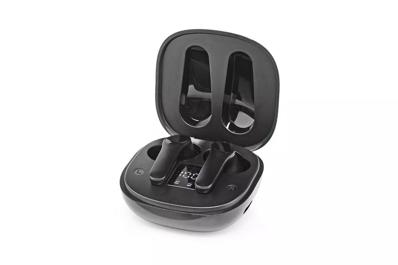Auriculares Nedis HPBT5060BK inal&aacute;mbricos Bluetooth con Cancelaci&oacute;n Activa de Ruido, micr&oacute;fono y estuche USB-C negros