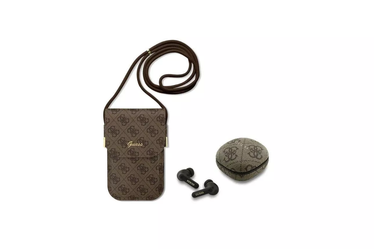 Auriculares Guess TWS inal&aacute;mbricos Bluetooth con bolso de polipiel marr&oacute;n y logo 4G