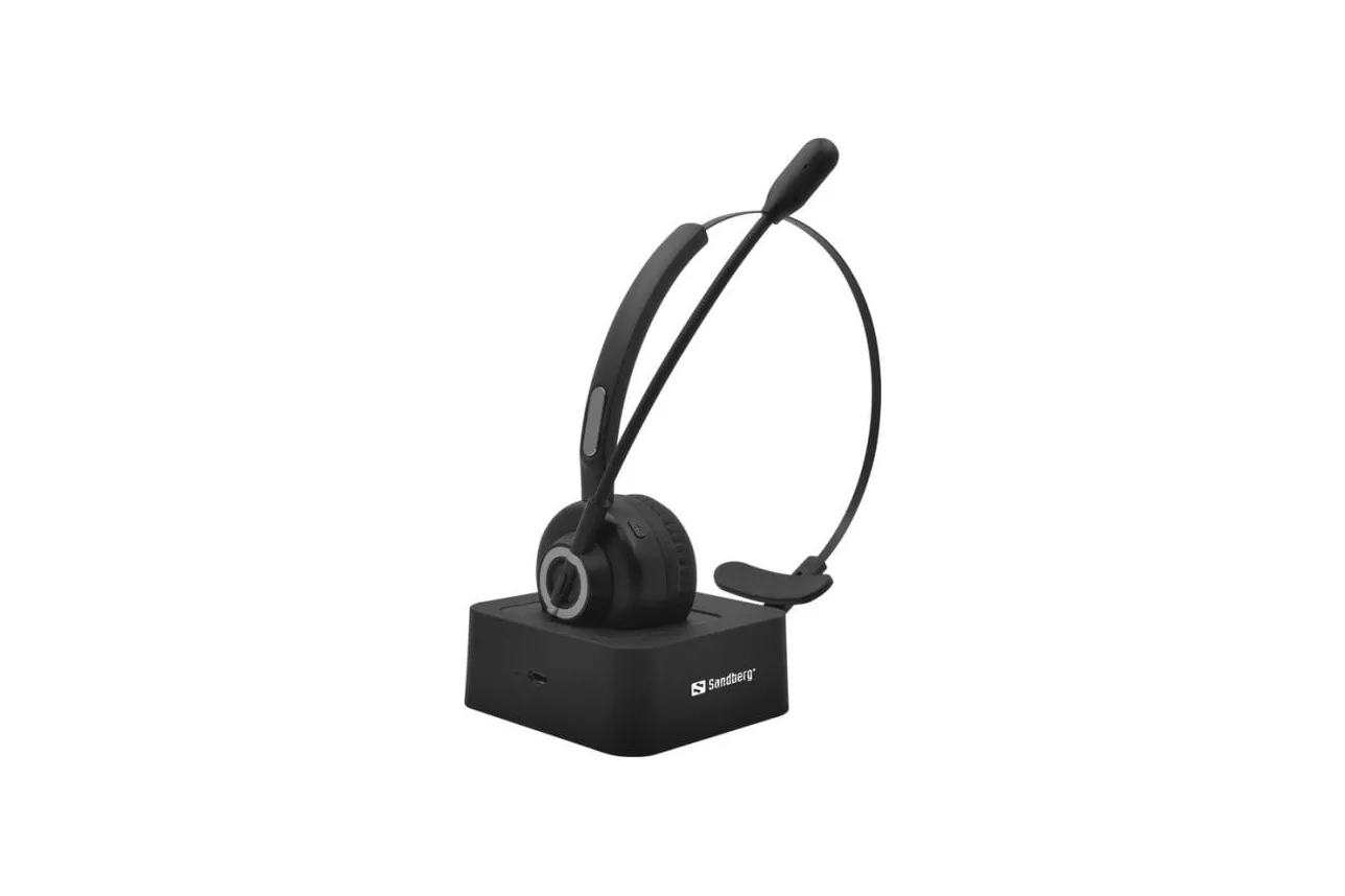 Auriculares Sandberg inal&aacute;mbricos Bluetooth 5.2 para oficina con micr&oacute;fono y base magn&eacute;tica negros
