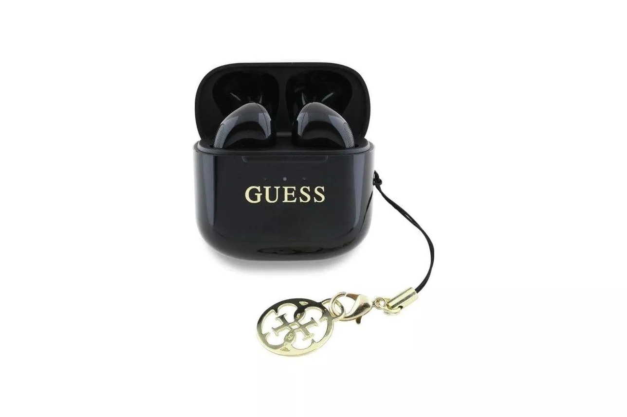 Auriculares Guess inal&aacute;mbricos Bluetooth intraurales con logo brillante y charm, negro
