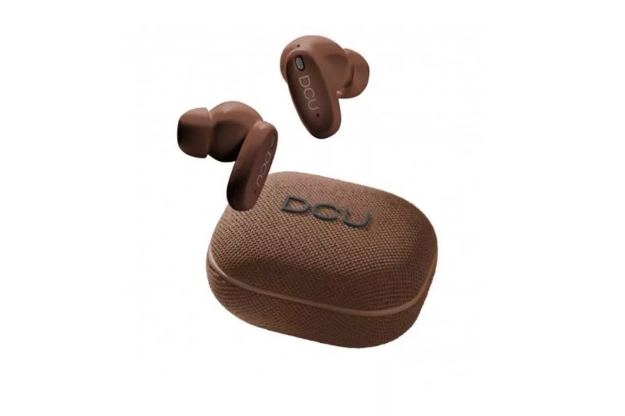 Auriculares DCU Tecnologic inal&aacute;mbricos Bluetooth con ANC, micr&oacute;fono y asistente de voz marr&oacute;n